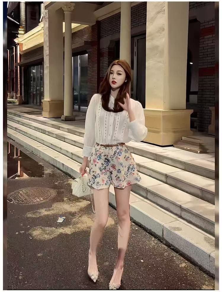 새로운 한국 스타일 패션 품격 미니멀리즘 패치워크 레이스 셔츠 하이웨이스트 꽃무늬 반바지 벨트 3 세트 이미지 4