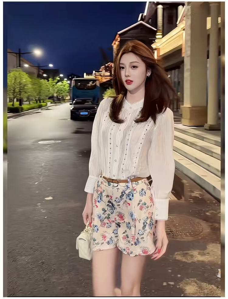 새로운 한국 스타일 패션 품격 미니멀리즘 패치워크 레이스 셔츠 하이웨이스트 꽃무늬 반바지 벨트 3 세트 상세 이미지 1