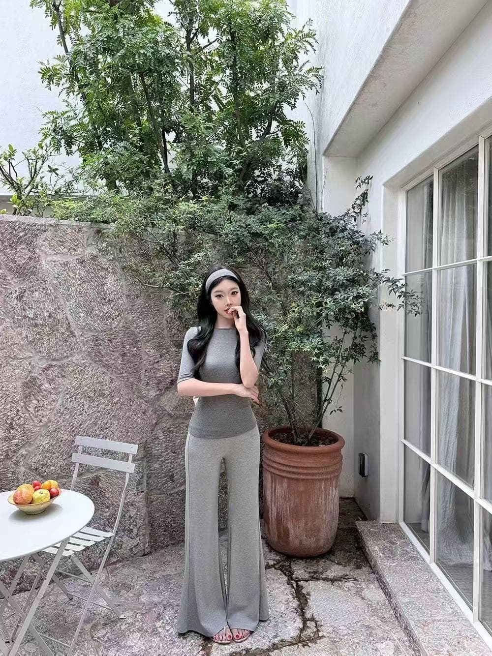 새로운 한국 스타일 패션 몸매 가꾸기 미니멀리즘 슬림해 보이는 중간 소매 티셔츠 허리밴드 스트레이트 도루 센스 캐주얼 바지 세트 상세 이미지 5