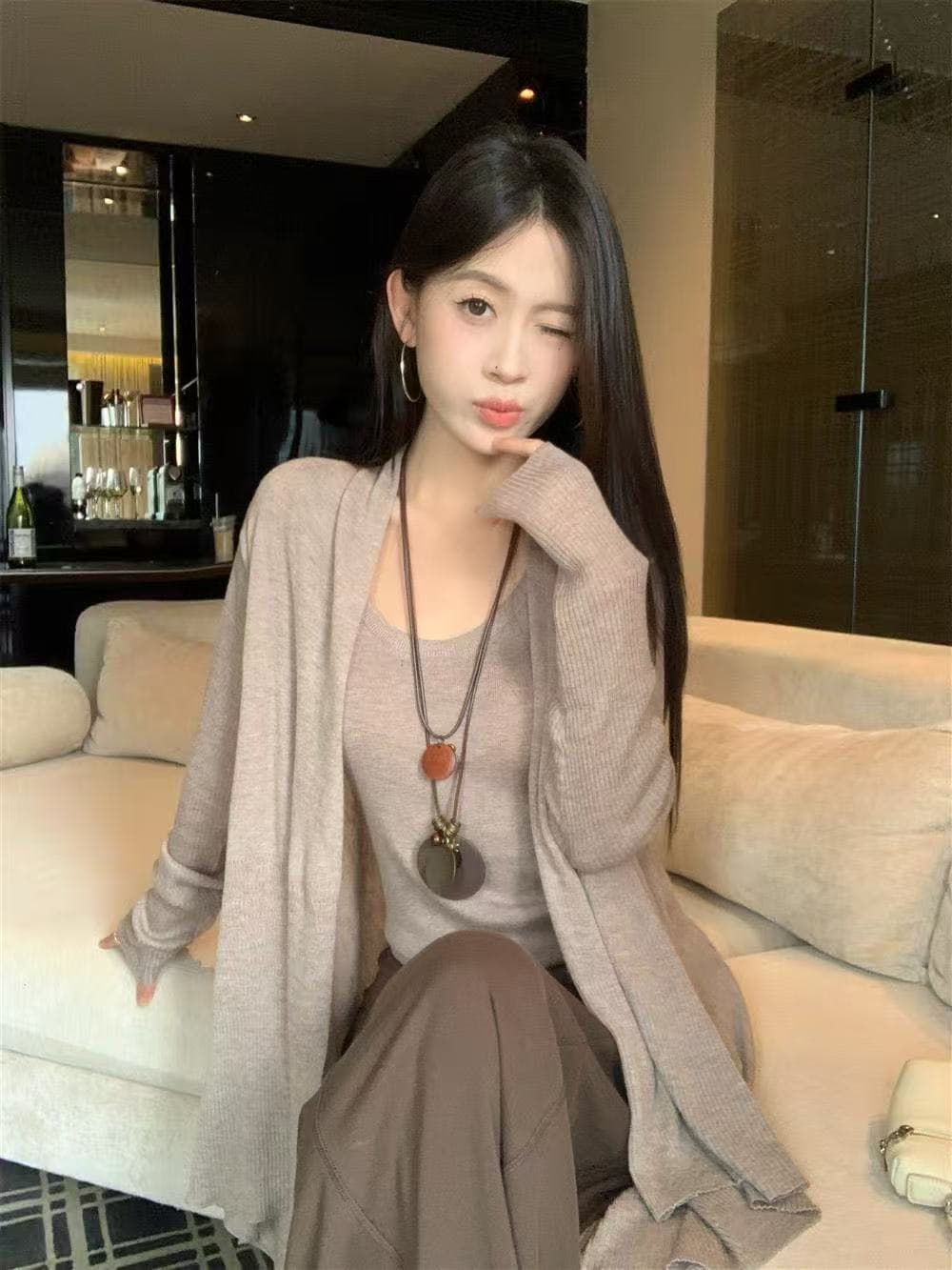 새로운 한국 스타일 패션 느긋한 바람이 아닙니다. 규칙 오픈 가디건 조끼 허리밴드 반신 롱 스커트 3종 세트
