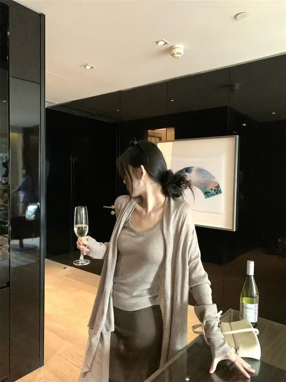 새로운 한국 스타일 패션 느긋한 바람이 아닙니다. 규칙 오픈 가디건 조끼 허리밴드 반신 롱 스커트 3종 세트 이미지 2