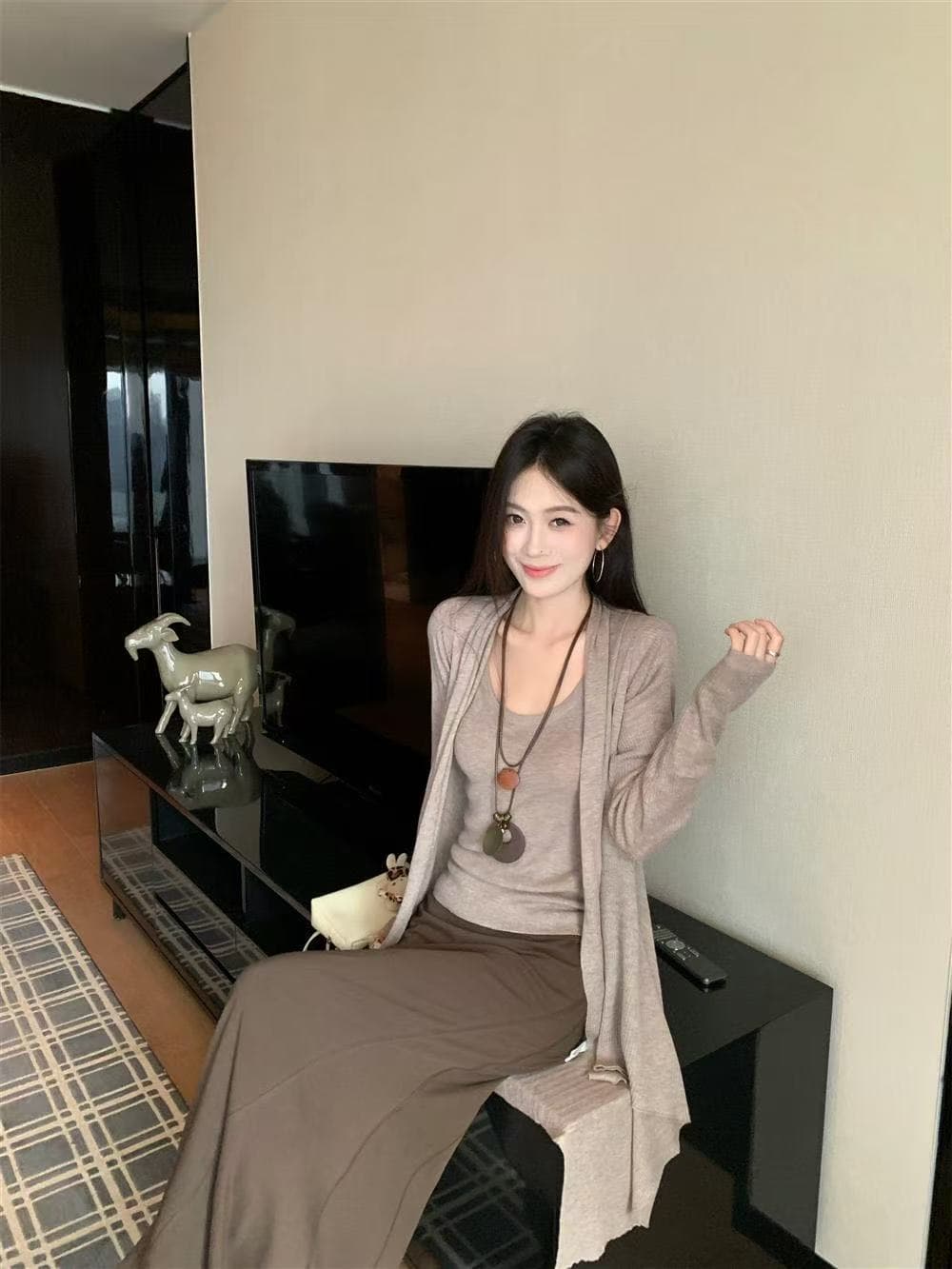 새로운 한국 스타일 패션 느긋한 바람이 아닙니다. 규칙 오픈 가디건 조끼 허리밴드 반신 롱 스커트 3종 세트 상세 이미지 3