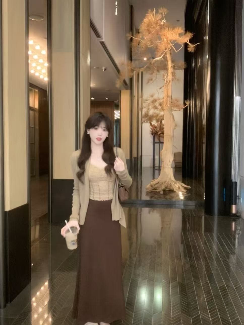 새로운 한국 스타일 패션 느긋한 바람 오픈 가디건 레이스 조끼 허리밴드 반신 롱 스커트 3종 세트 이미지 3
