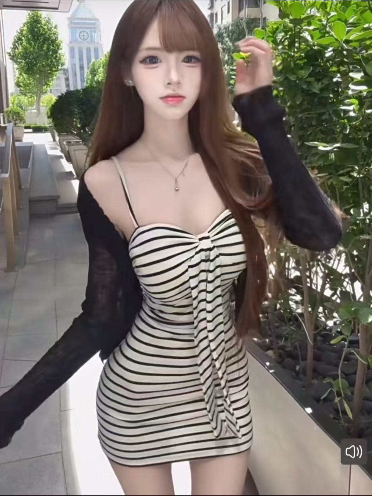 새로운 한국 스타일 패션 느긋한 쇼트 스타일 차가운 센스 얇은 오픈 가디건 스트라이프 몸매 가꾸기 슬립 드레스 투피스 세트 이미지 2