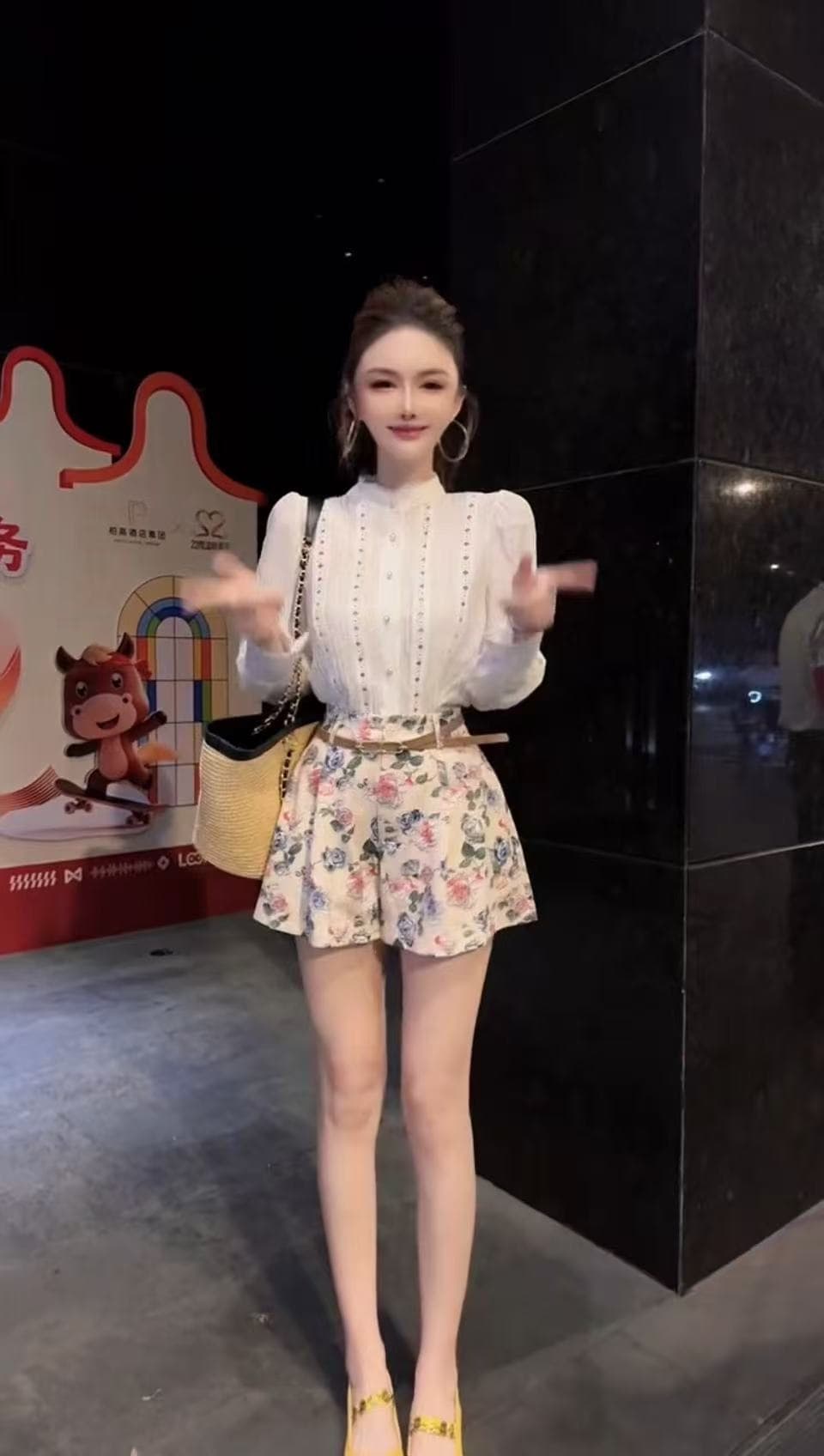 새로운 한국 스타일 패션 품격 미니멀리즘 패치워크 레이스 셔츠 하이웨이스트 꽃무늬 반바지 벨트 3 세트 상세 이미지 1
