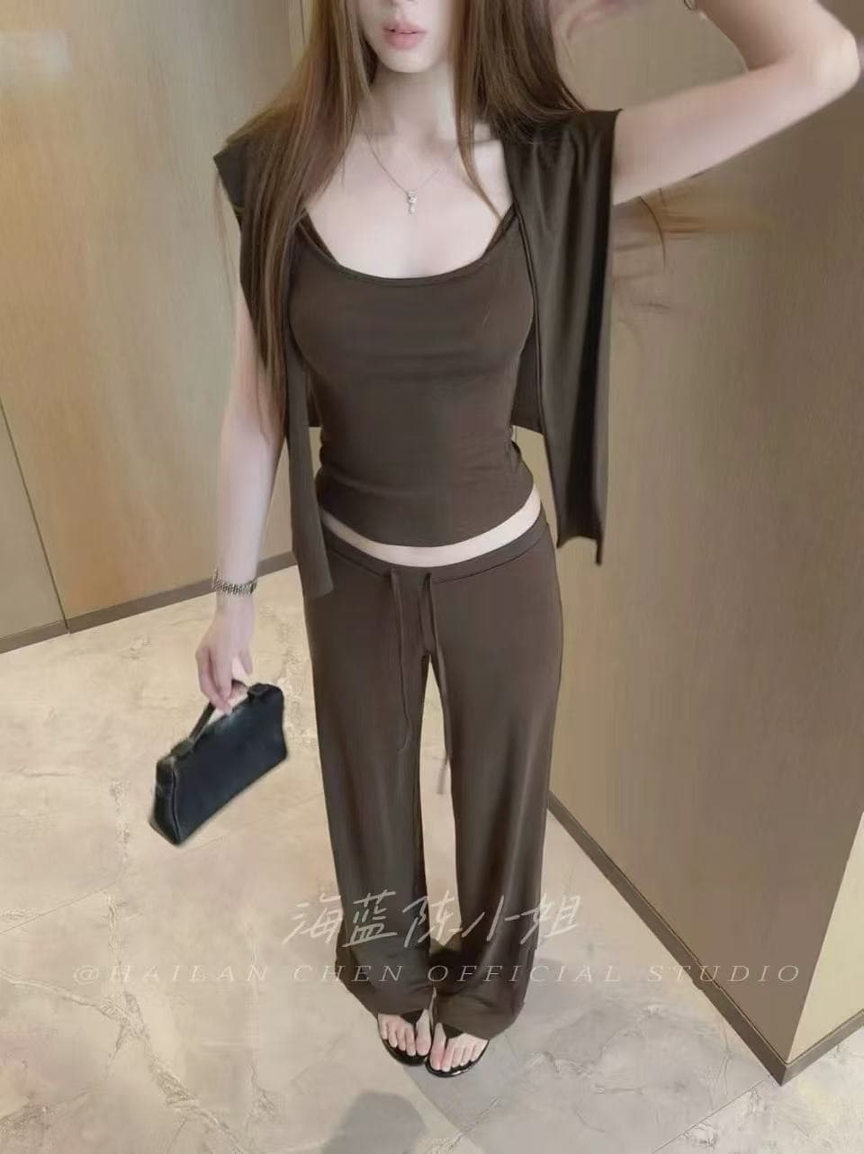 한 부서 느긋한 아니요 인내심있는 착용 가져 가라. 주간 실크 숄 슬립 허리밴드 부츠컷 캐주얼 바지 3종 세트 이미지 4