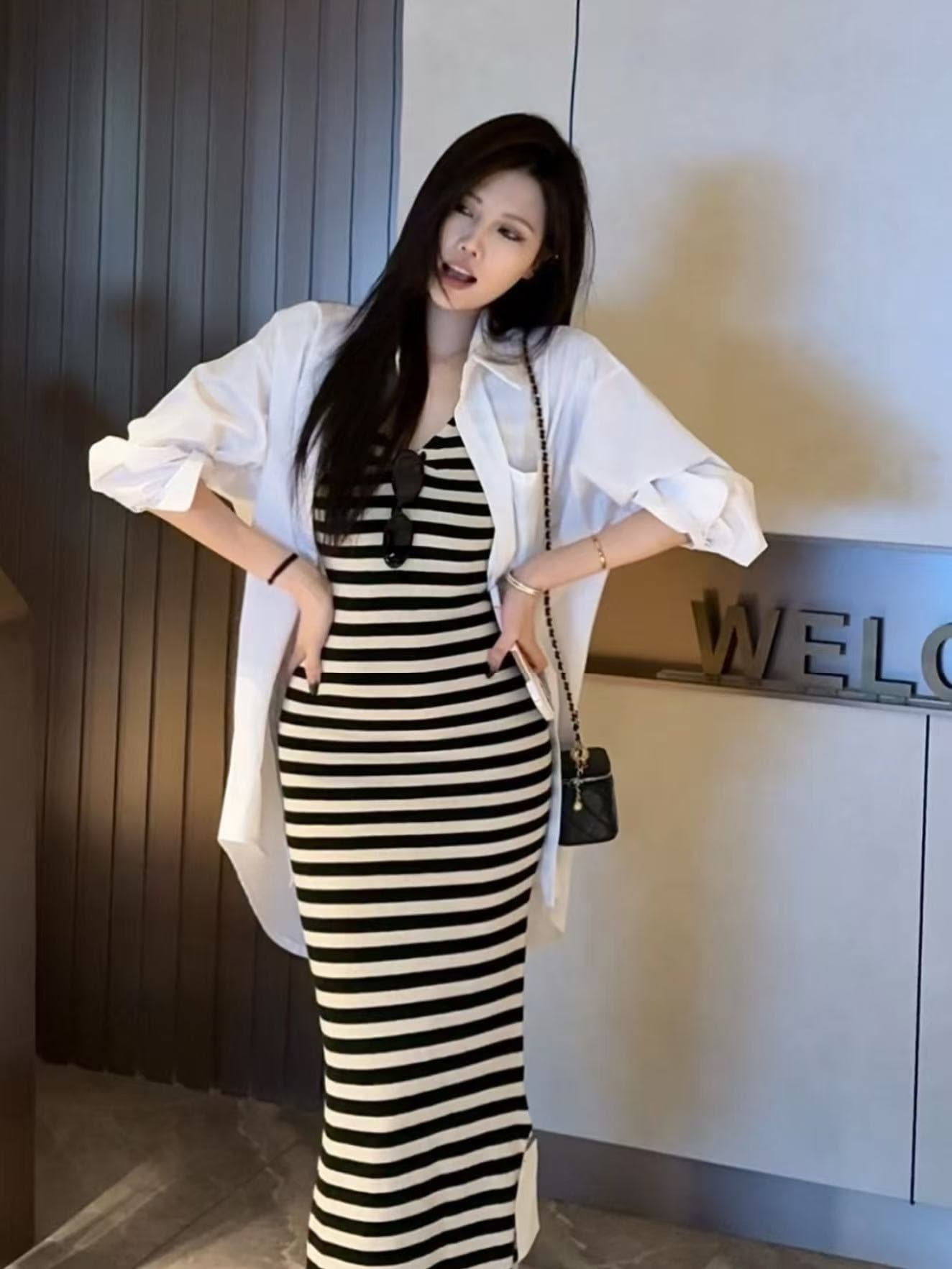 새로운 한국 스타일 패션 캐주얼 자외선 차단 셔츠 허리 수축 배색 스트라이프 V넥 슬립 드레스 투피스 세트 상세 이미지 2