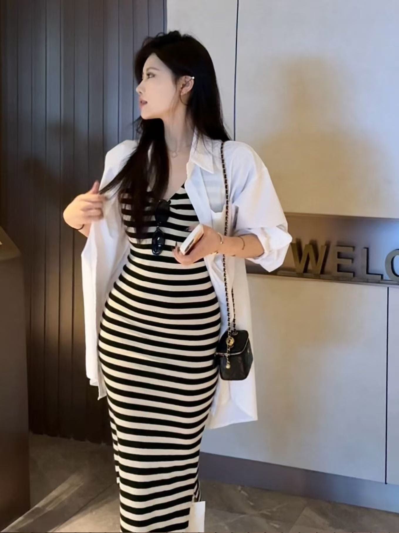 새로운 한국 스타일 패션 캐주얼 자외선 차단 셔츠 허리 수축 배색 스트라이프 V넥 슬립 드레스 투피스 세트 상세 이미지 3