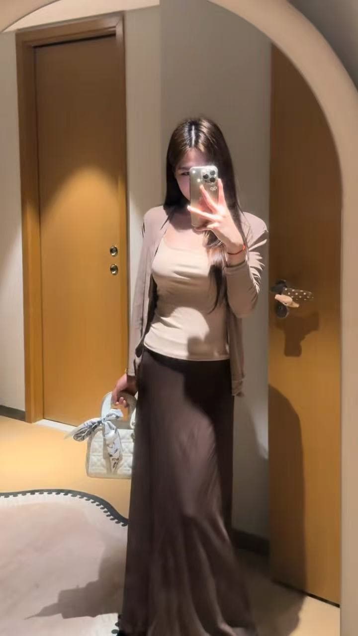 새로운 한국 스타일 패션 느긋한 바람 오픈 가디건 캐미솔 허리밴드 반신 롱 스커트 3종 세트 상세 이미지 1