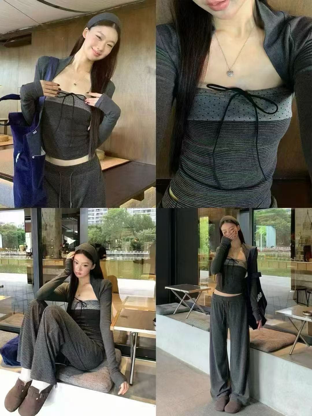 새로운 한국 스타일 패션 쇼트 스타일 작은 열림 셔츠 캐미솔 허리밴드 스트라이프 와이드 레그 팬츠 3종 세트 상세 이미지 1