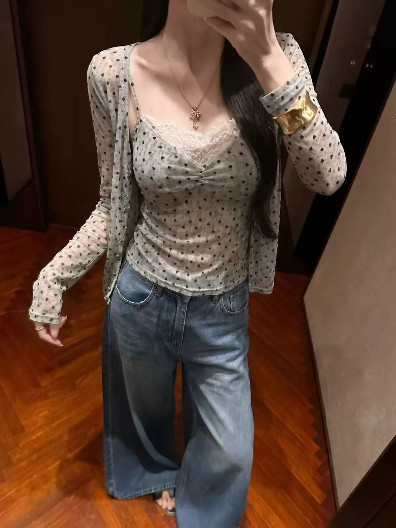 새로운 순수한 욕망 품격 도트 무늬 패치워크 레이스 슬립 도트 무늬 오픈 가디건 투피스 세트 이미지 4