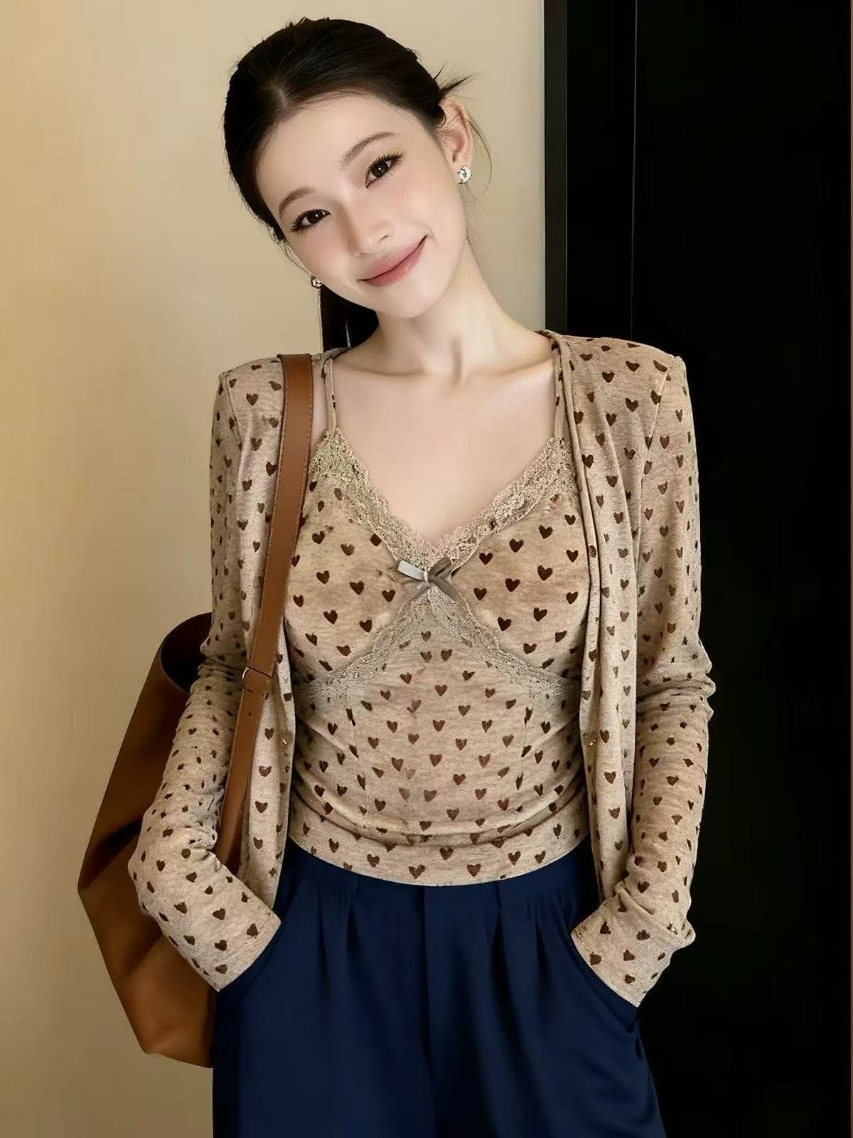 새로운 순수한 욕망 품격 나비 매듭 도트 무늬 패치워크 레이스 레이스 도트 무늬 오픈 가디건 투피스 세트 상세 이미지 1
