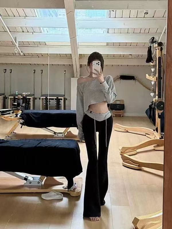 새로운 한국 스타일 패션 기초 섹션 게으른 바람 오프숄더 짧은 티셔츠 하이웨이스트 패치워크 모델 작업자 바지 세트 상세 이미지 6