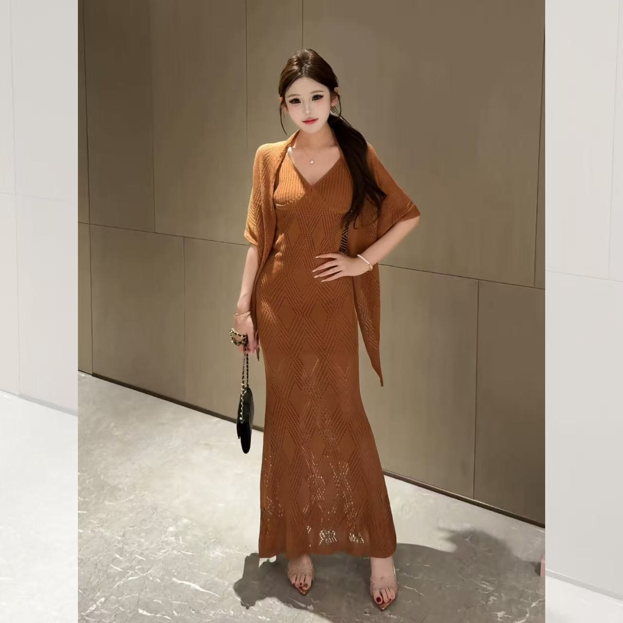 새로운 부드러운 느긋한 품격 니트 숄 순수한 욕망 바람 프랑스식 홀로우 아웃 슬립 드레스 투피스 세트 이미지 2