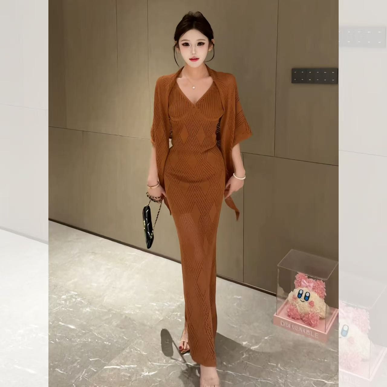 새로운 부드러운 느긋한 품격 니트 숄 순수한 욕망 바람 프랑스식 홀로우 아웃 슬립 드레스 투피스 세트 이미지 5