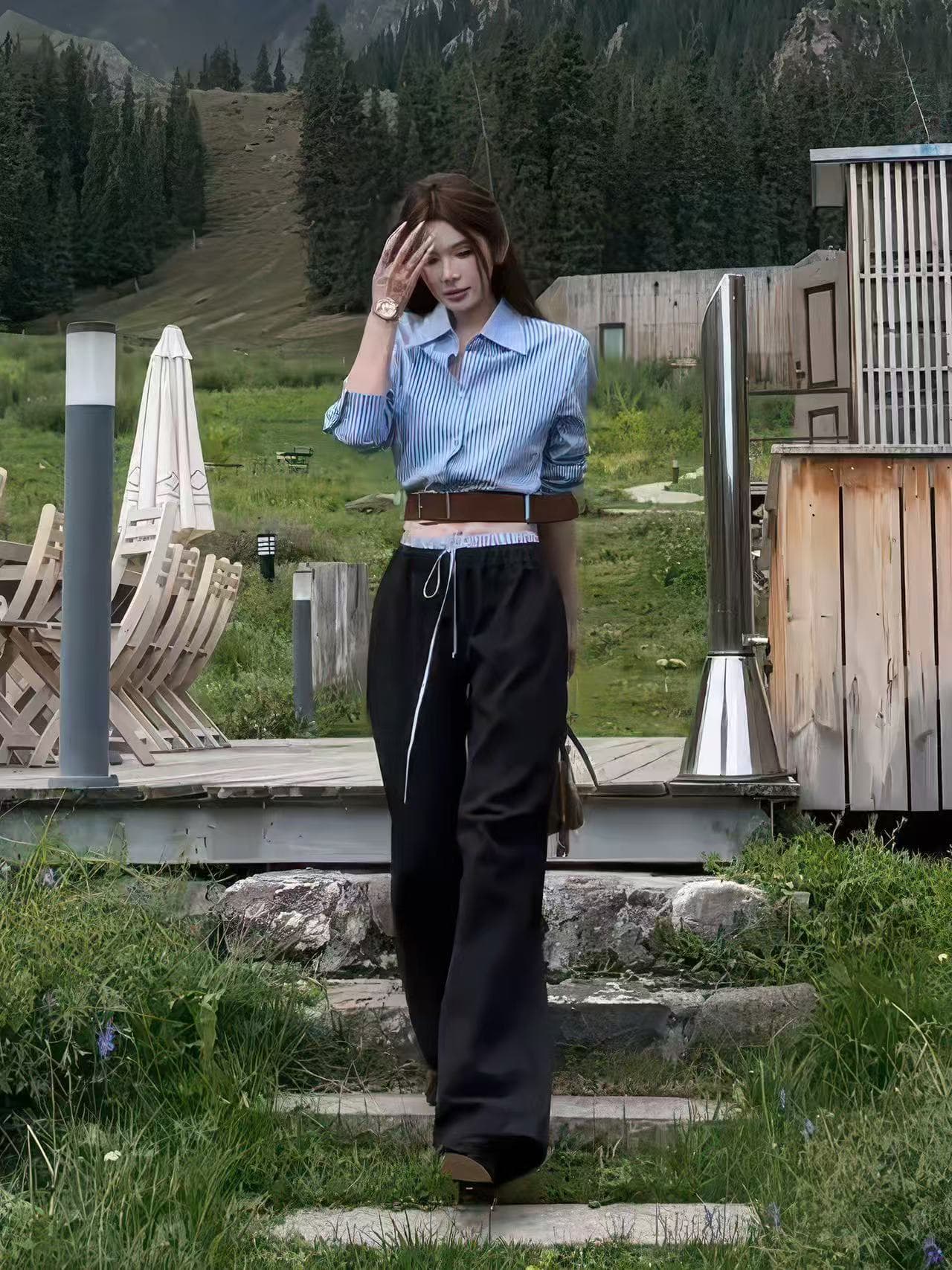 새로운 한국 스타일 패션 고급 센스 스트라이프 폴로 칼라 벨트 셔츠 허리밴드 패치워크 와이드 레그 팬츠 세트 상세 이미지 2