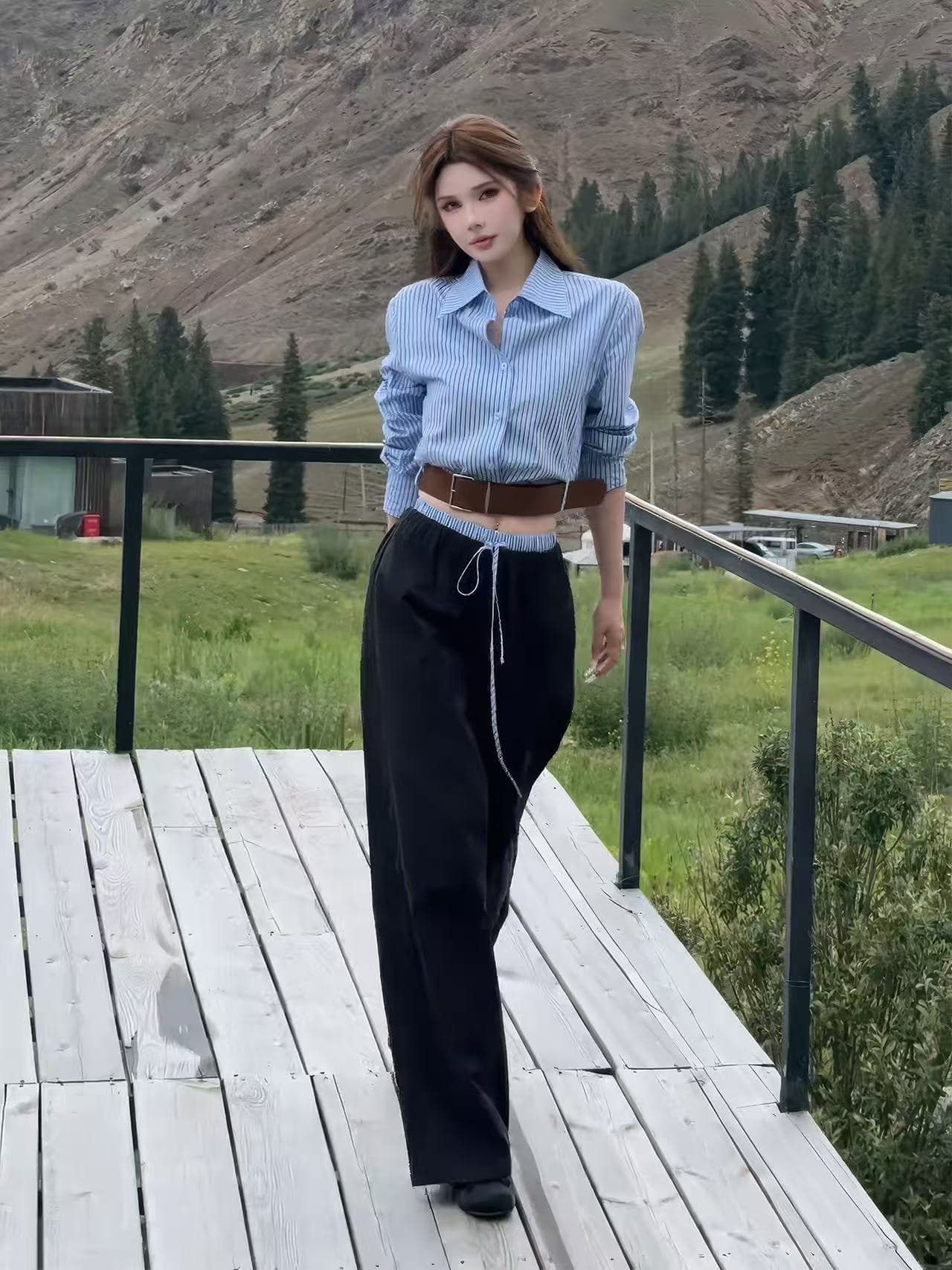 새로운 한국 스타일 패션 고급 센스 스트라이프 폴로 칼라 벨트 셔츠 허리밴드 패치워크 와이드 레그 팬츠 세트 상세 이미지 5