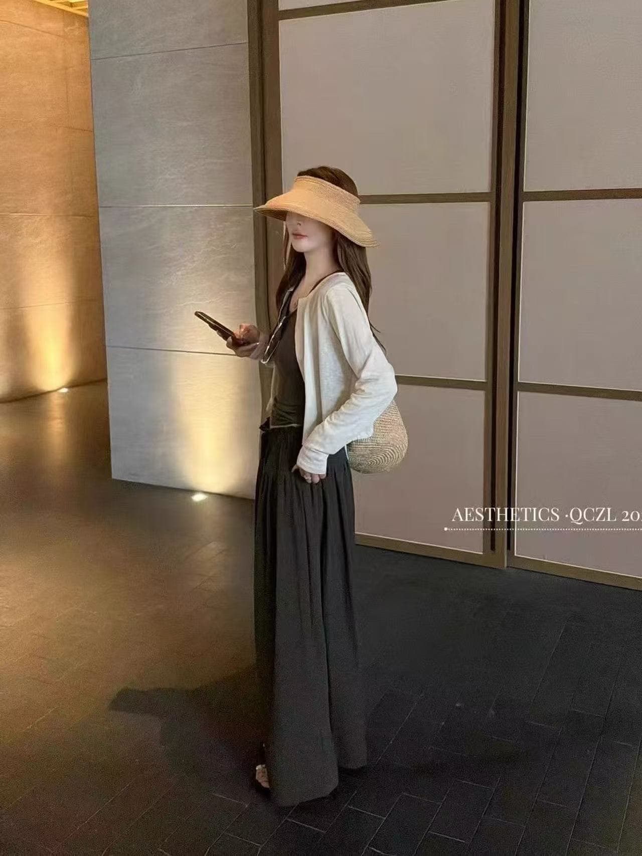 새로운 한국 스타일 패션 루즈핏 슬림해 보이는 조끼 허리밴드 와이드 레그 팬츠 얇은 스타일 태양 보호 셔츠 3종 세트 상세 이미지 1