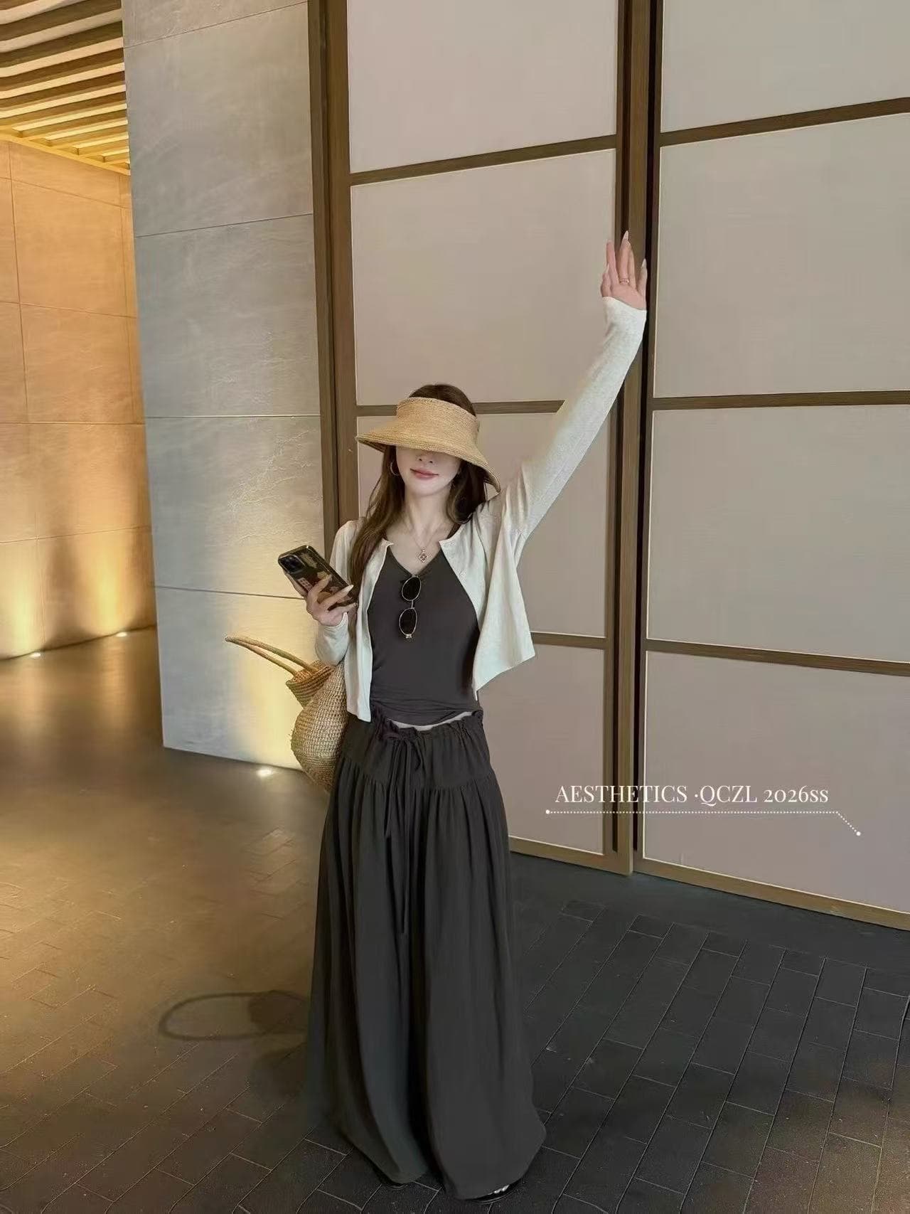 새로운 한국 스타일 패션 루즈핏 슬림해 보이는 조끼 허리밴드 와이드 레그 팬츠 얇은 스타일 태양 보호 셔츠 3종 세트 상세 이미지 2