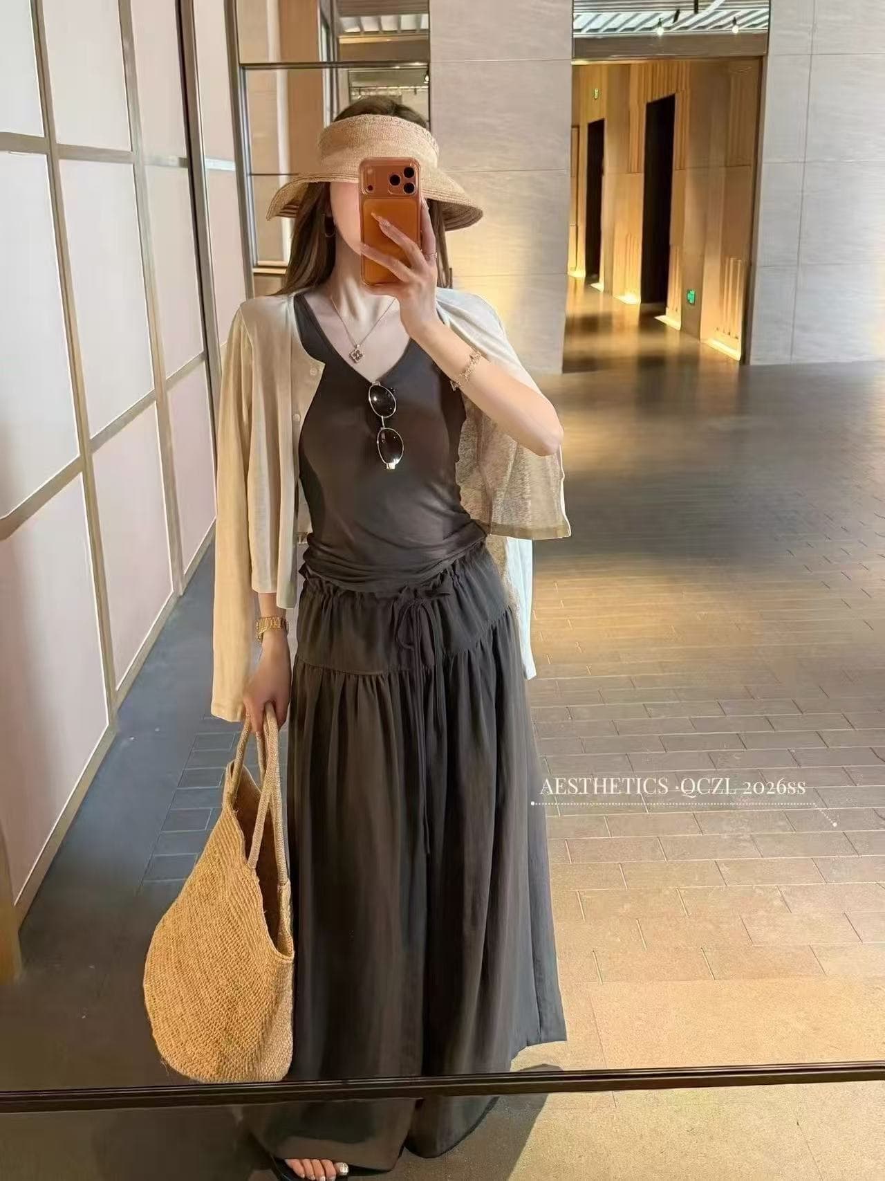 새로운 한국 스타일 패션 루즈핏 슬림해 보이는 조끼 허리밴드 와이드 레그 팬츠 얇은 스타일 태양 보호 셔츠 3종 세트 상세 이미지 5