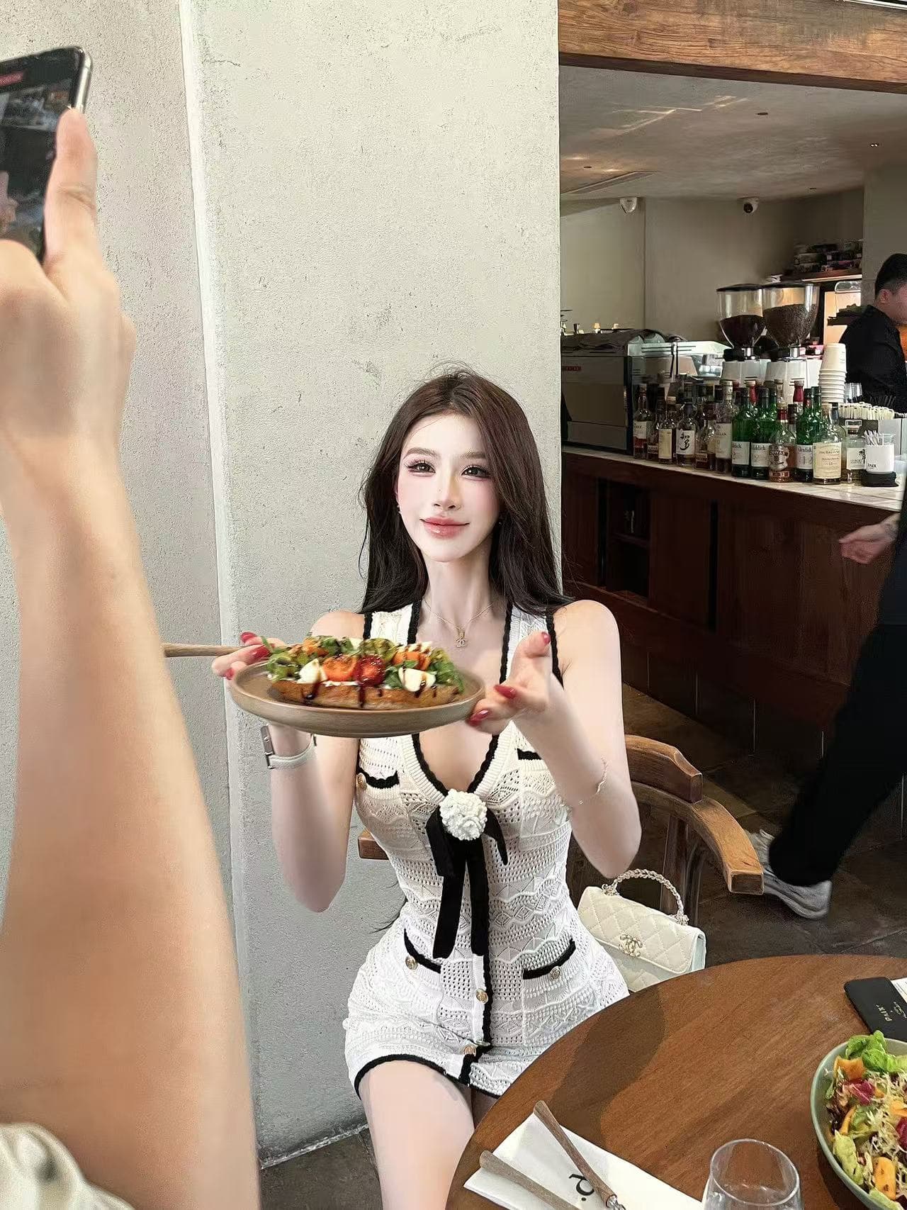 새로운 작은 샤넬 스타일 천 골드 센스 니트 패치워크 색상 민소매 타이트 스커트 이미지 4