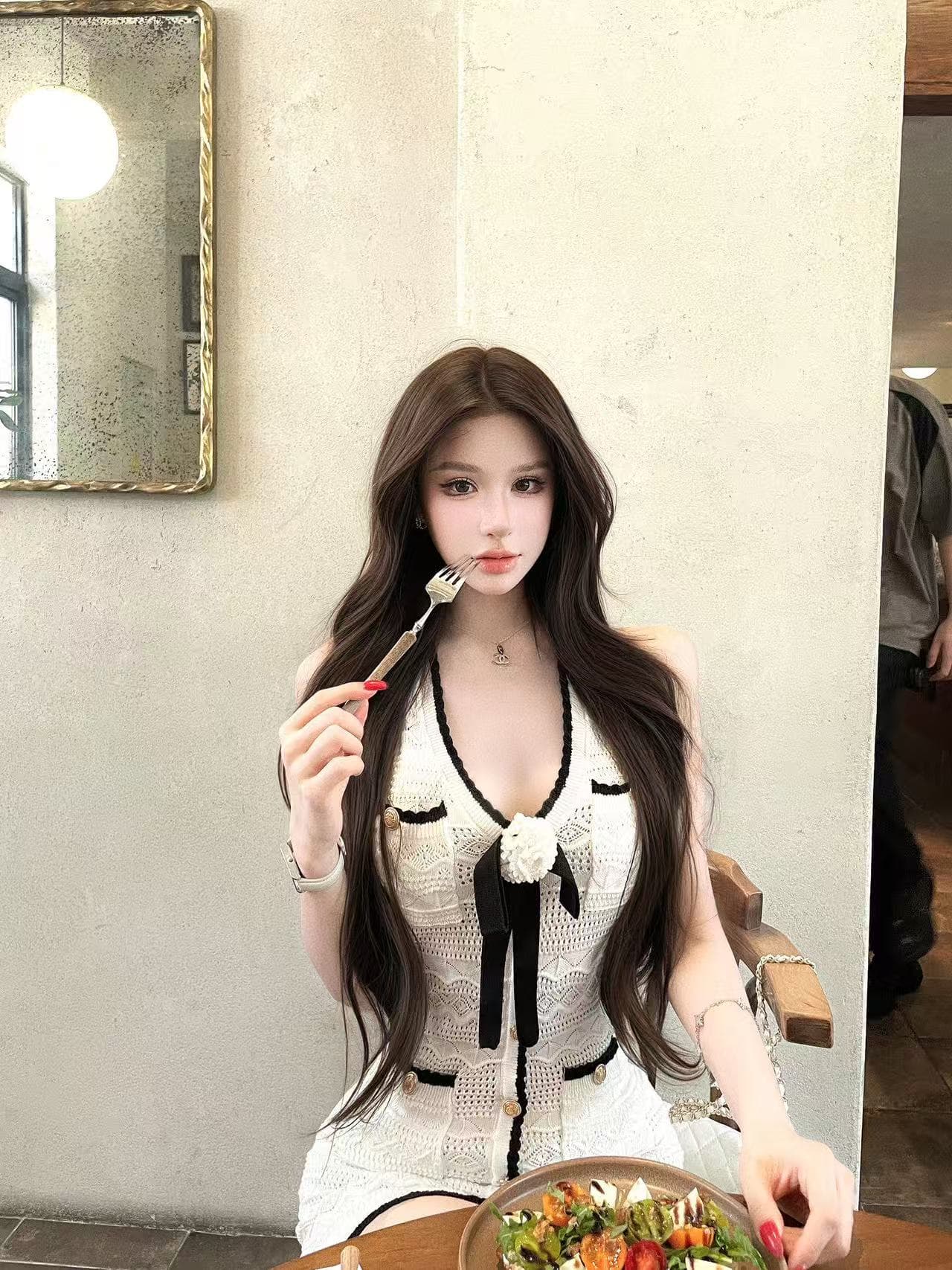 새로운 작은 샤넬 스타일 천 골드 센스 니트 패치워크 색상 민소매 타이트 스커트 이미지 5
