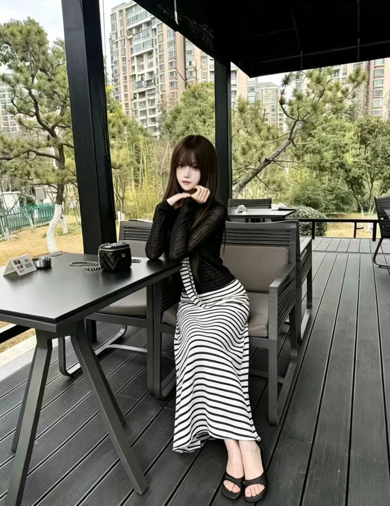 새로운 쇼트 스타일 외부 가져 가라. 블라우스 차가운 센스 얇은 오픈 가디건 스트라이프 레이스업 몸매 가꾸기 슬립 드레스 투피스 세트 상세 이미지 2