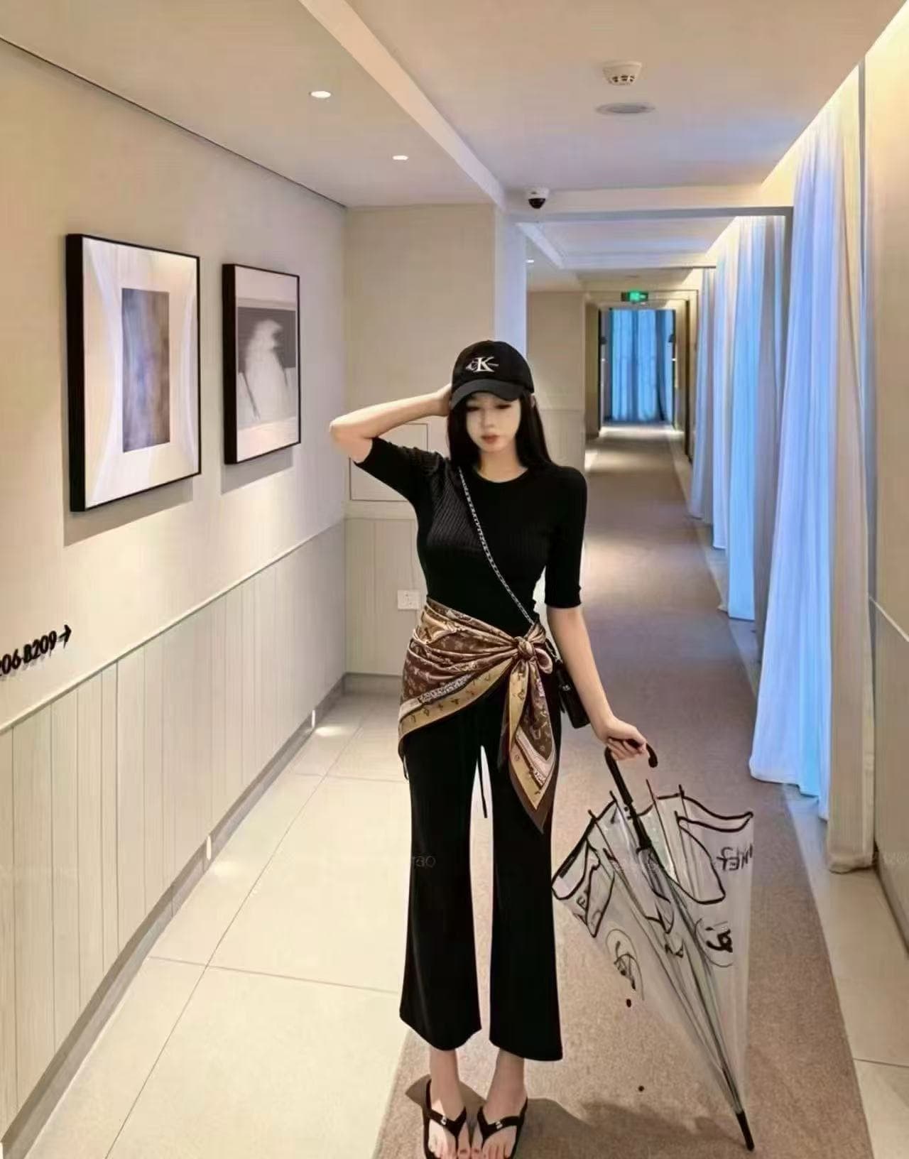 새로운 핫걸 레트로 u 칼라 중간 소매 몸매 가꾸기 맨위 허리밴드 9 포인트 캐주얼 바지 스카프 3 세트 상세 이미지 2