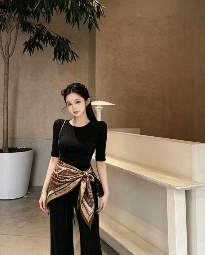새로운 핫걸 레트로 u 칼라 중간 소매 몸매 가꾸기 맨위 허리밴드 9 포인트 캐주얼 바지 스카프 3 세트 상세 이미지 8