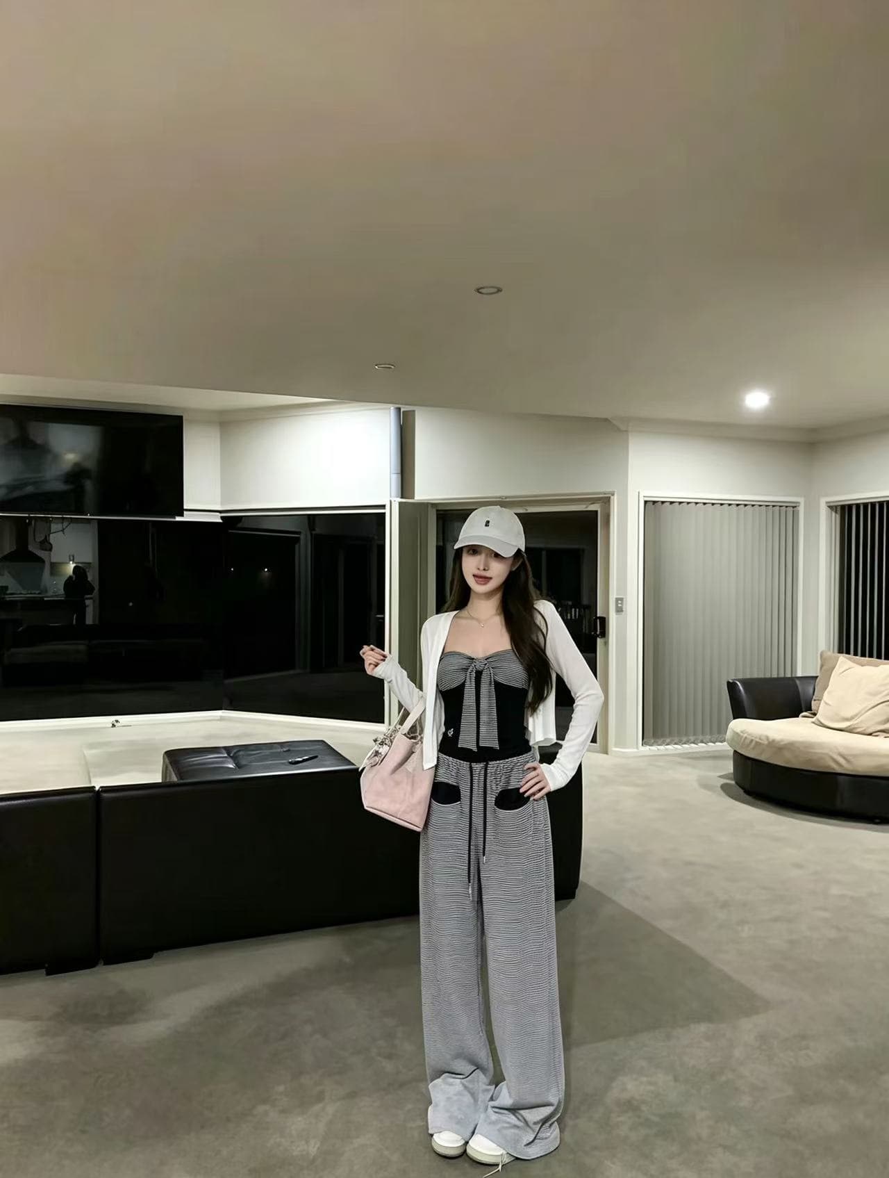 새로운 패션 느긋한 바람 레이스업 튜브탑 자외선 차단 오픈 가디건 허리밴드 스트라이프 캐주얼 바지 3종 세트 상세 이미지 2