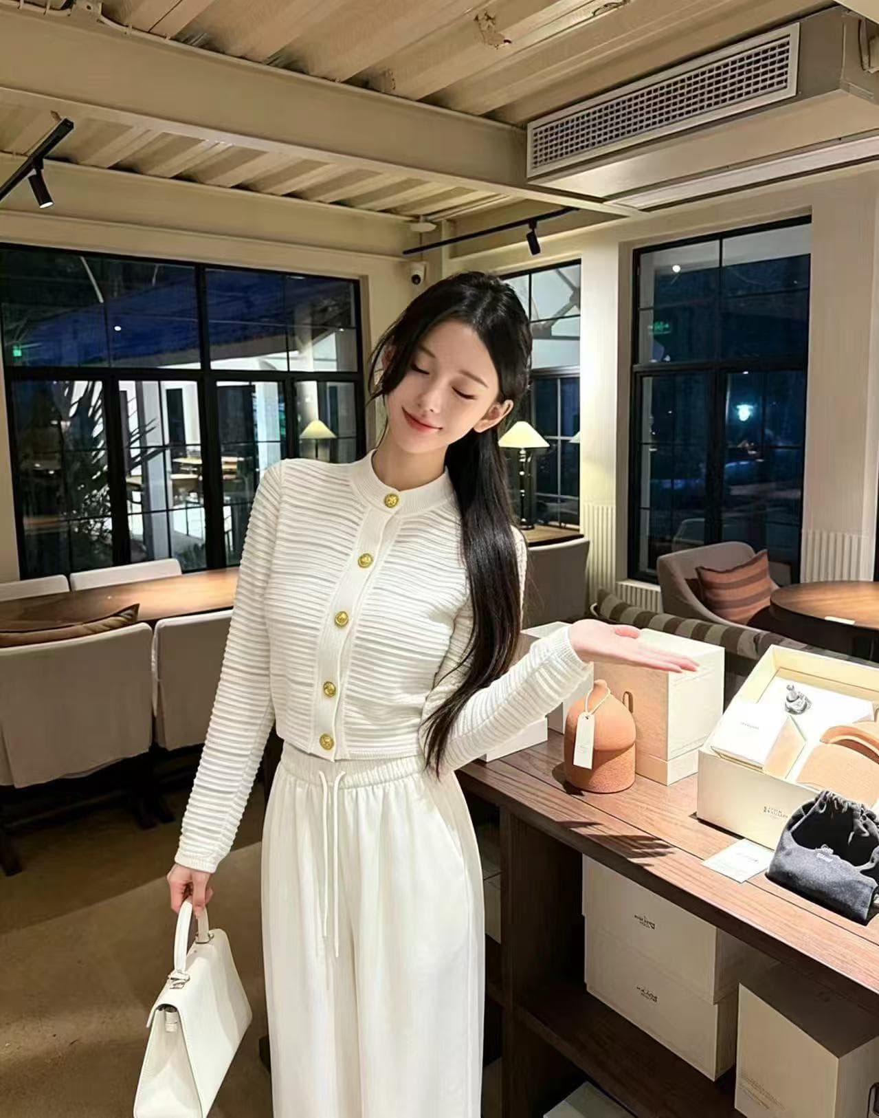 새로운 세련된 스트라이프 얇은 스타일 니트 카디건 코트 허리밴드 아세트산 넓은 다리 캐주얼 바지 세트