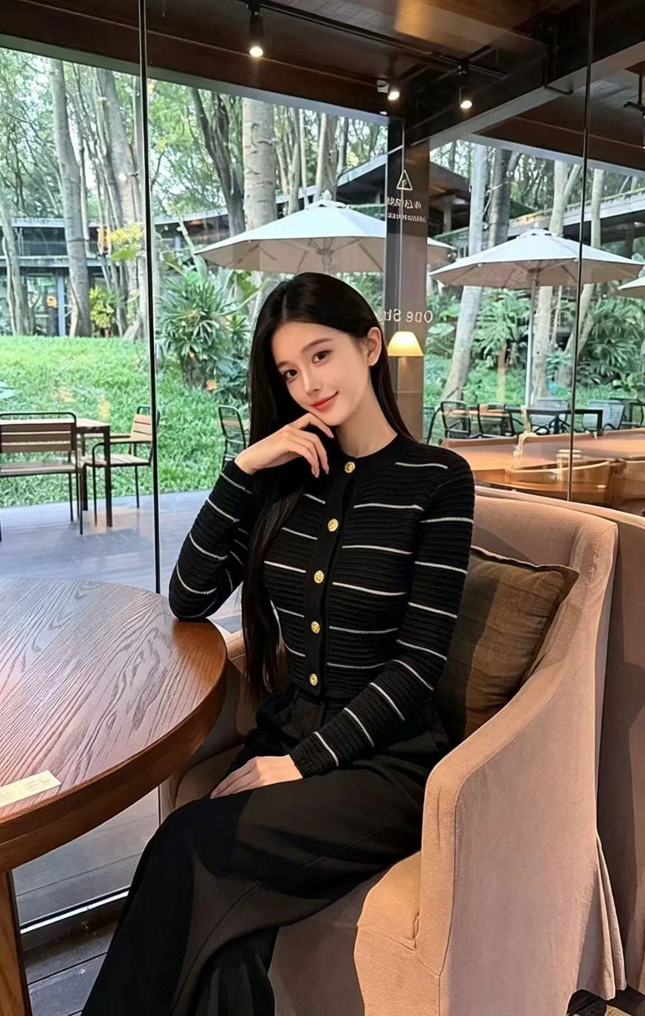 새로운 세련된 스트라이프 얇은 스타일 니트 카디건 코트 허리밴드 아세트산 넓은 다리 캐주얼 바지 세트 이미지 3