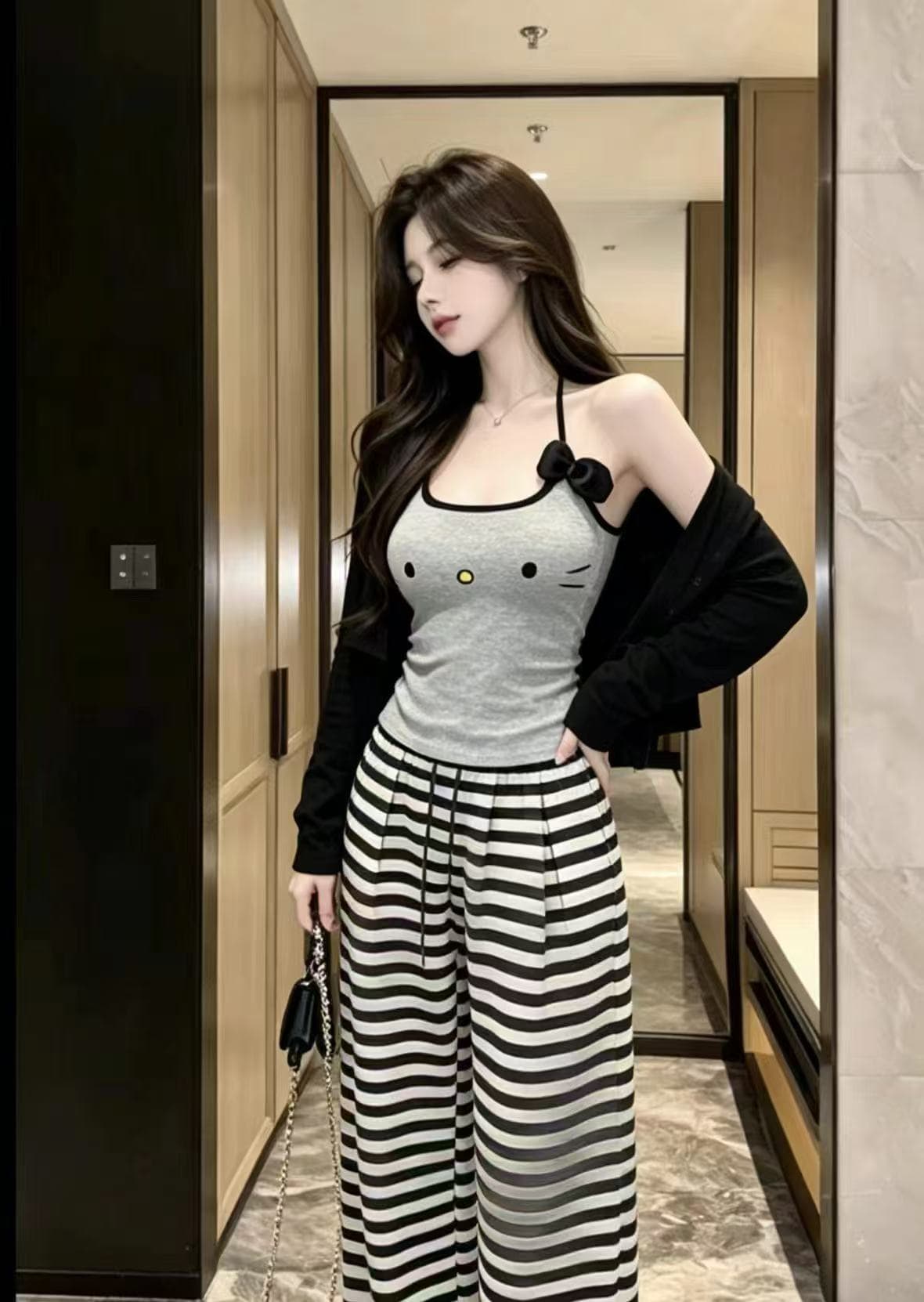 새로운 한국 스타일 자외선 차단 외투 만화 프린트 슬립 허리밴드 스트라이프 캐주얼 바지 3종 세트 상세 이미지 3