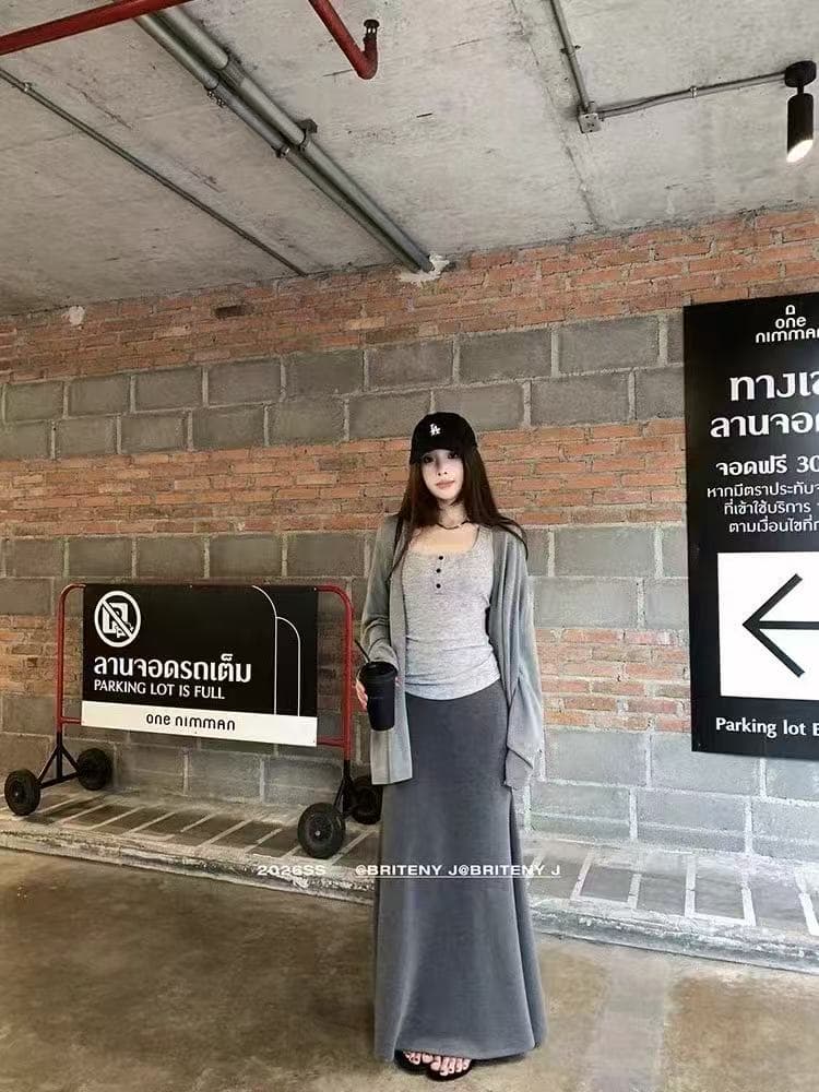 새로운 한국 스타일 패션 루즈핏 자외선 차단 재킷 조끼 허리밴드 인어 꼬리 반신 스커트 3종 세트 이미지 2