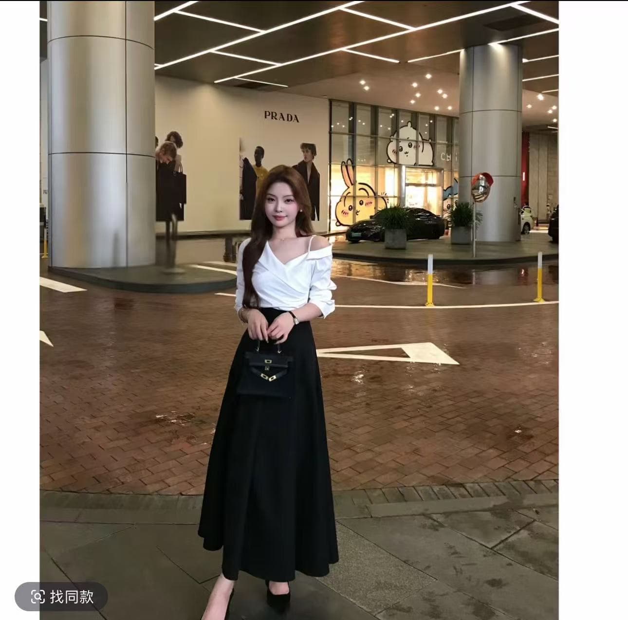 새로운 한국 스타일 패션 오프숄더 슬립 긴팔 셔츠 하이웨이스트 슬림해 보이는 대 우산 치마 반신 치마 세트 상세 이미지 3