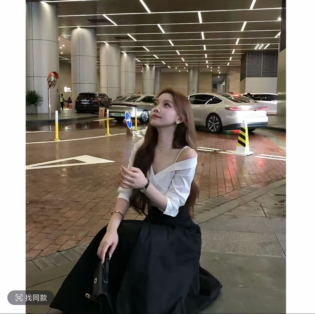 새로운 한국 스타일 패션 오프숄더 슬립 긴팔 셔츠 하이웨이스트 슬림해 보이는 대 우산 치마 반신 치마 세트 상세 이미지 4