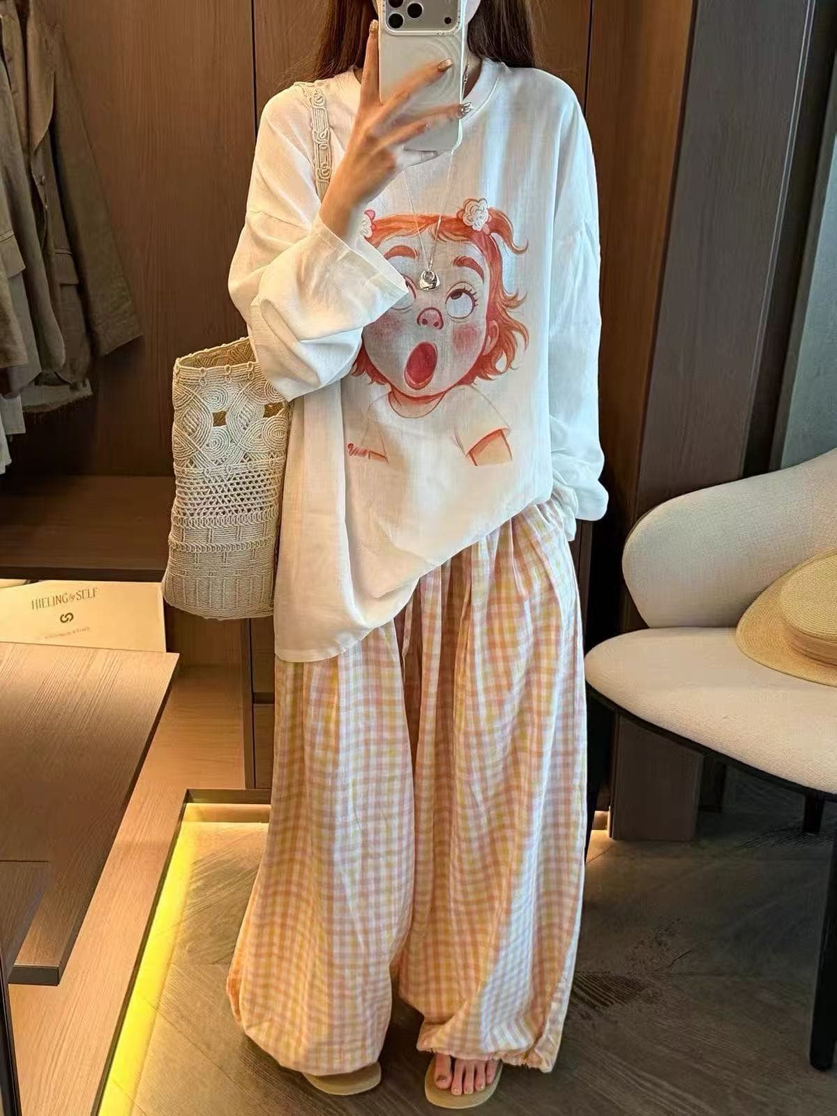 새로운 한국 스타일 캐주얼 만화 연령 감소 소녀 프린트 자외선 차단 의류 허리밴드 넓은 다리 캐주얼 바지 세트 이미지 3
