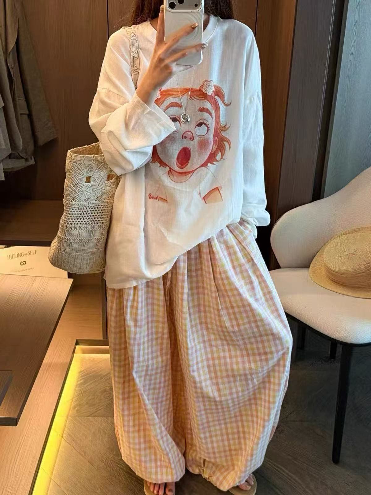 새로운 한국 스타일 캐주얼 만화 연령 감소 소녀 프린트 자외선 차단 의류 허리밴드 넓은 다리 캐주얼 바지 세트 이미지 4