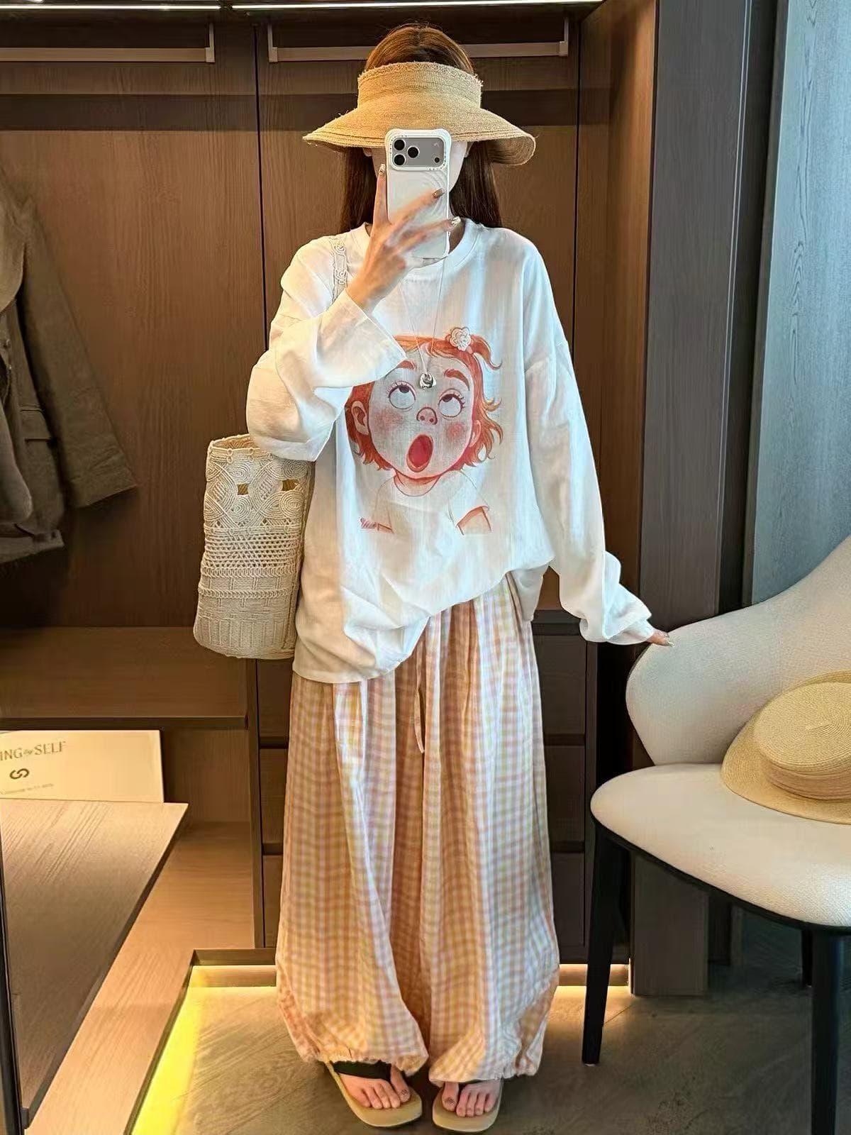 새로운 한국 스타일 캐주얼 만화 연령 감소 소녀 프린트 자외선 차단 의류 허리밴드 넓은 다리 캐주얼 바지 세트 상세 이미지 5