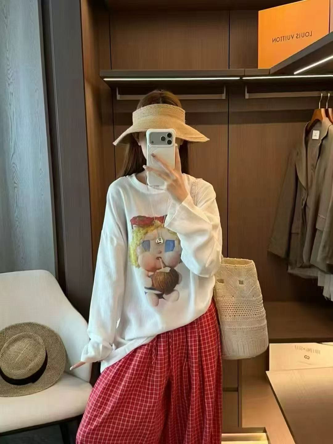 새로운 한국 스타일 패션 캐주얼 만화 연령 감소 프린트 자외선 차단 의류 허리밴드 넓은 다리 캐주얼 바지 세트