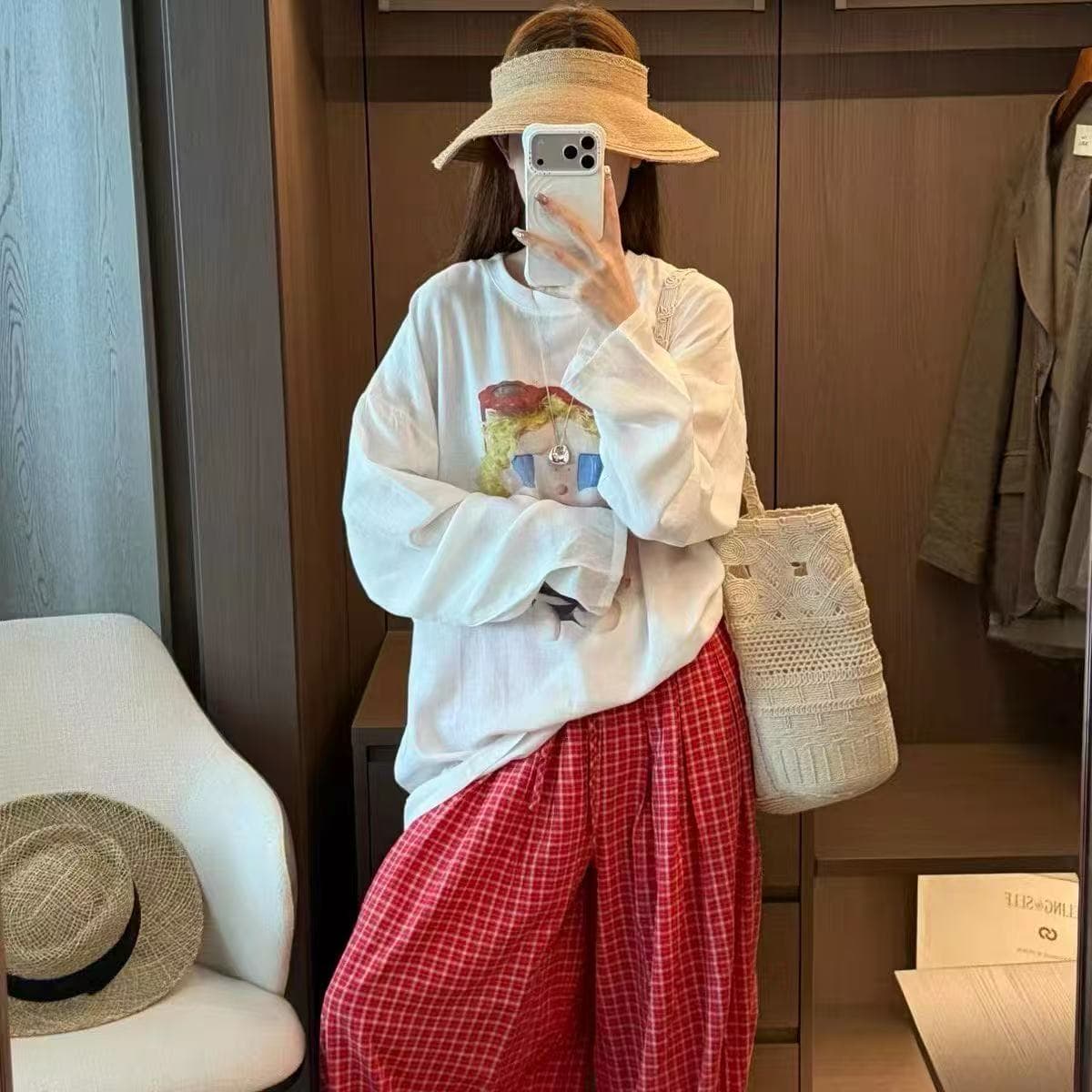새로운 한국 스타일 패션 캐주얼 만화 연령 감소 프린트 자외선 차단 의류 허리밴드 넓은 다리 캐주얼 바지 세트 상세 이미지 4