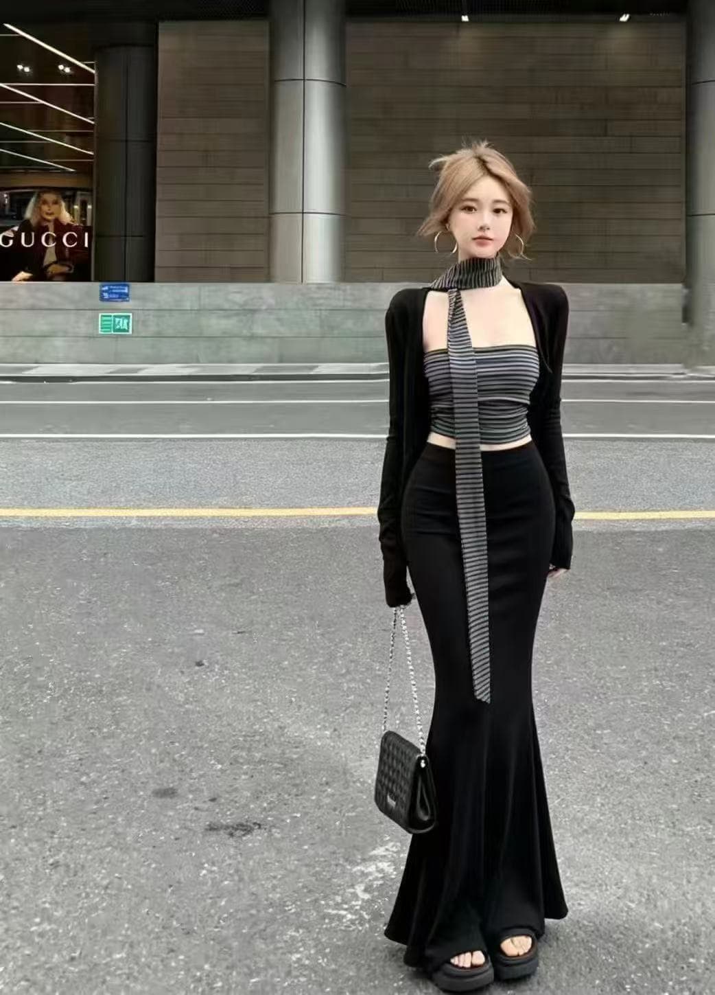 새로운 몸매 가꾸기 자외선 차단 오픈 가디건 스트라이프 튜브탑 조끼 허리밴드 인어 꼬리 스커트 리본 4 세트 상세 이미지 4