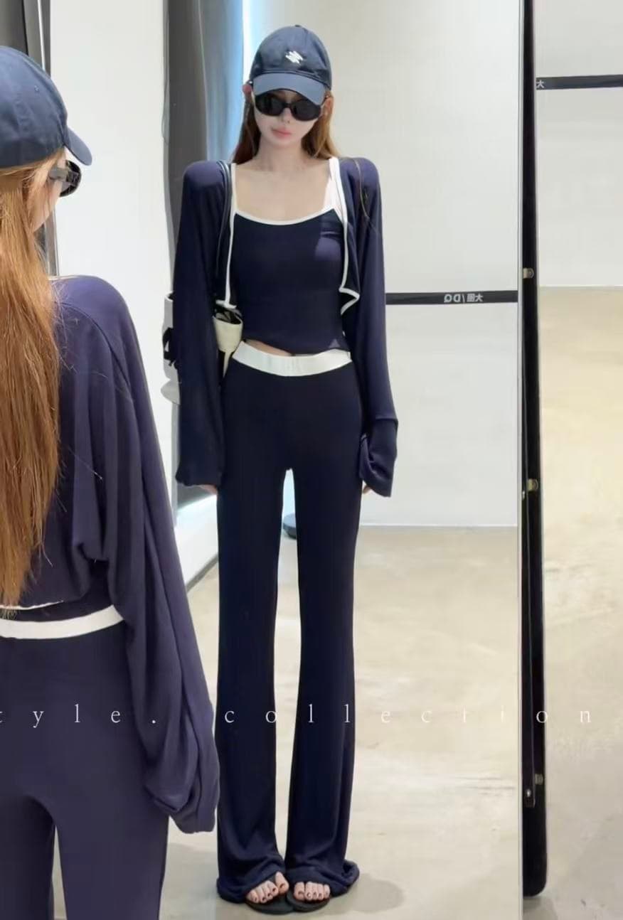 새로운 캐주얼 바람 루즈핏 긴팔 오픈 가디건 캐미솔 허리밴드 몸매 가꾸기 부츠컷 바지 3종 세트 상세 이미지 1