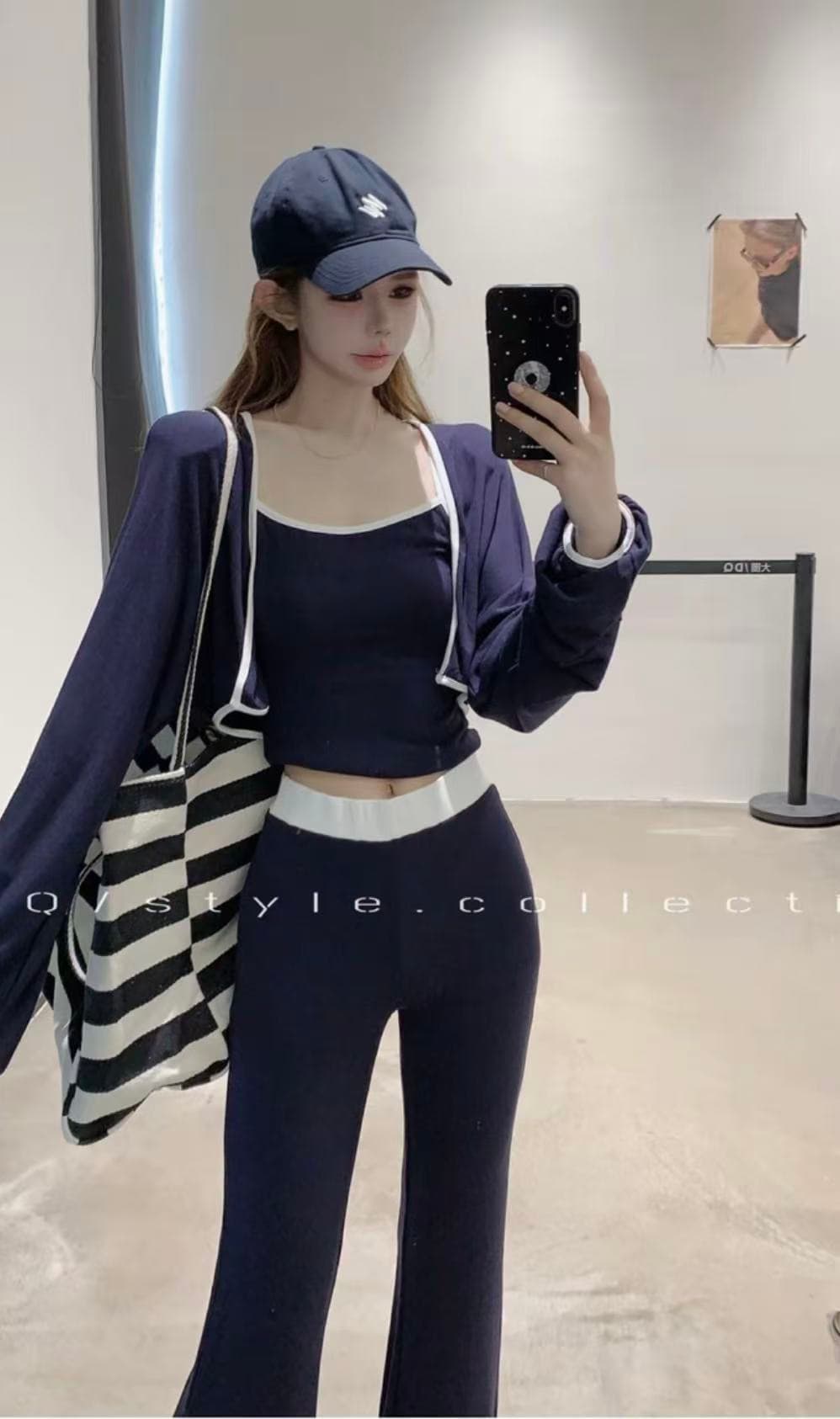 새로운 캐주얼 바람 루즈핏 긴팔 오픈 가디건 캐미솔 허리밴드 몸매 가꾸기 부츠컷 바지 3종 세트 상세 이미지 2