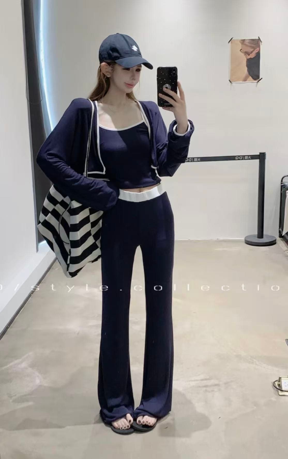 새로운 캐주얼 바람 루즈핏 긴팔 오픈 가디건 캐미솔 허리밴드 몸매 가꾸기 부츠컷 바지 3종 세트 상세 이미지 5