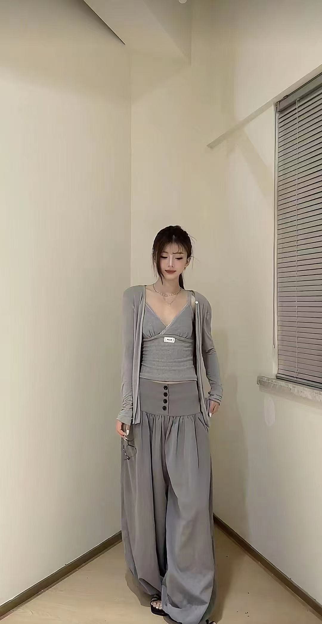 새로운 한국 스타일 패션 품격 핫걸 슬립 자외선 차단 오픈 가디건 하이웨이스트 와이드 레그 팬츠 3종 세트 상세 이미지 1