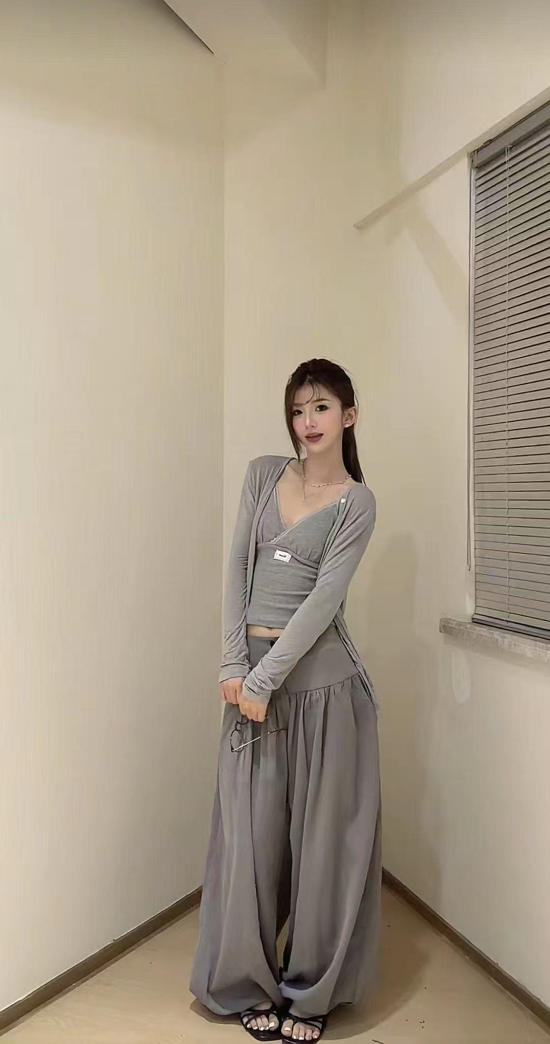 새로운 한국 스타일 패션 품격 핫걸 슬립 자외선 차단 오픈 가디건 하이웨이스트 와이드 레그 팬츠 3종 세트 상세 이미지 3