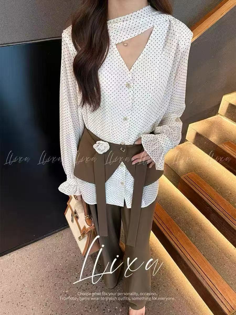새로운 프랑스식 코치 출퇴근 V넥 도트 무늬 셔츠 하이웨이스트 도루 센스 캐주얼 바지 방귀 커튼 3 세트 이미지 5