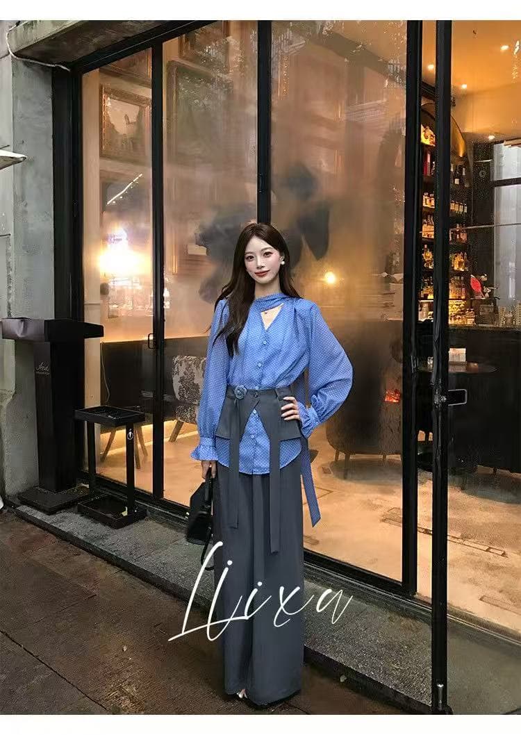 새로운 프랑스식 코치 출퇴근 V넥 도트 무늬 셔츠 하이웨이스트 도루 센스 캐주얼 바지 방귀 커튼 3 세트 상세 이미지 1