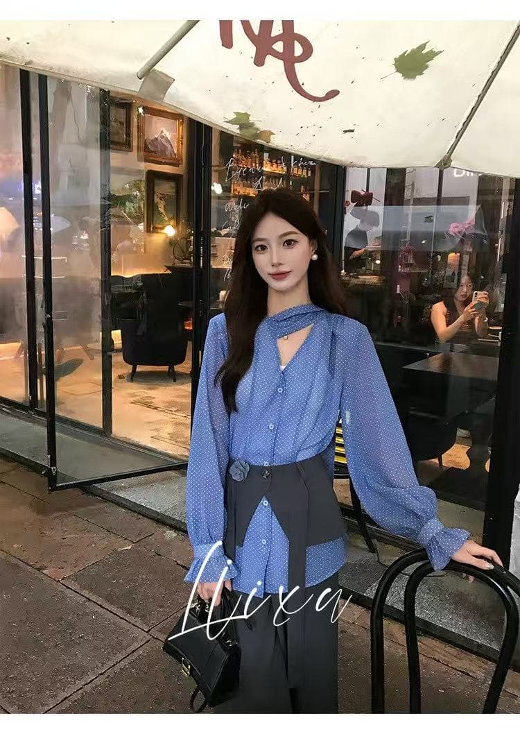 새로운 프랑스식 코치 출퇴근 V넥 도트 무늬 셔츠 하이웨이스트 도루 센스 캐주얼 바지 방귀 커튼 3 세트 상세 이미지 3